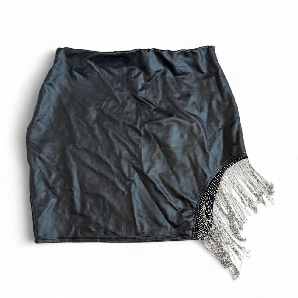 Black faux leather mini skirt with silver fringe